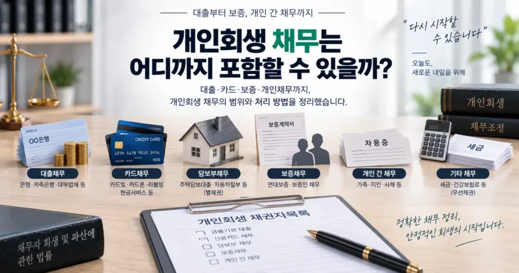개인회생에 포함할 수 있는 대출 카드 보증 개인채무 담보부채무의 범위를 정리한 이미지