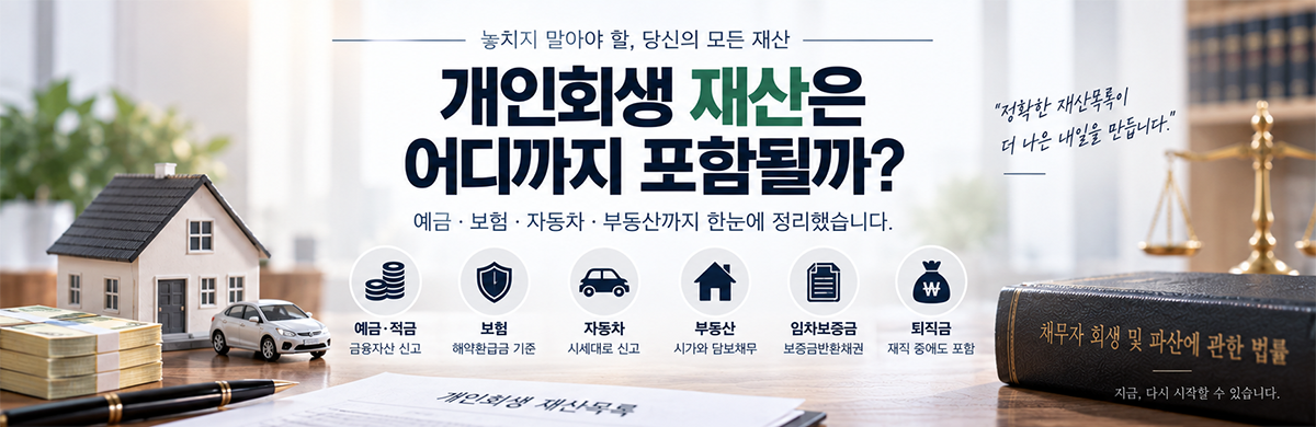 개인회생 재산목록에 포함되는 예금 보험 자동차 부동산 임차보증금 퇴직금을 정리한 이미지