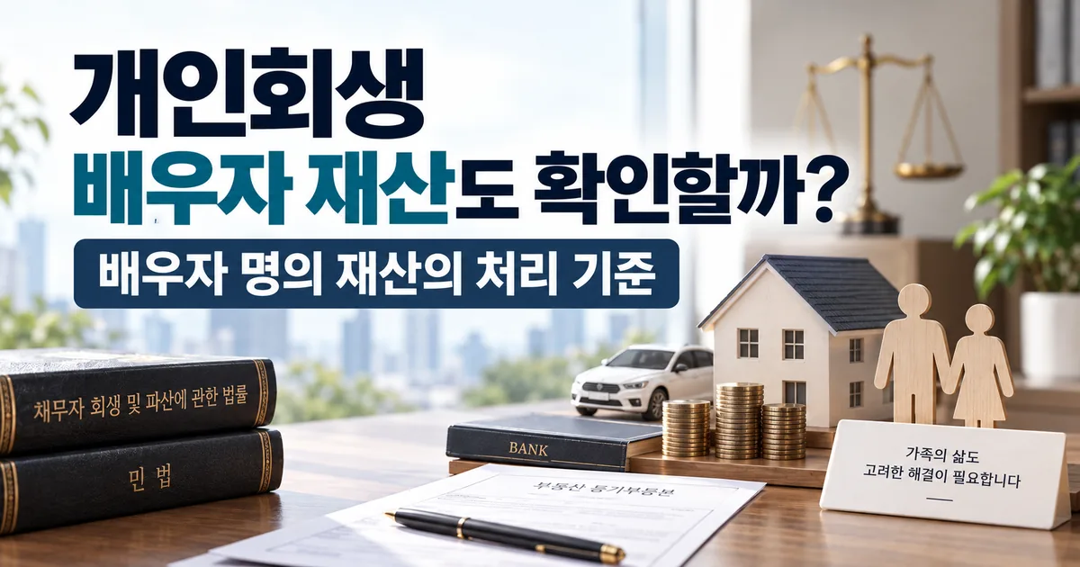 개인회생에서 배우자 명의 재산의 처리 기준과 배우자 재산 확인 여부를 설명하는 이미지